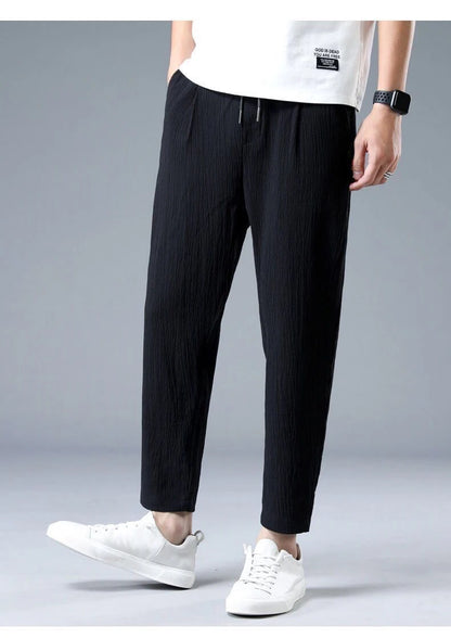 Ice Silk Linen Man Sport Pants Casual Wide Summer Sweatpants Male Drawstring Spring Autumn Lightweight Halking Harem Trousers