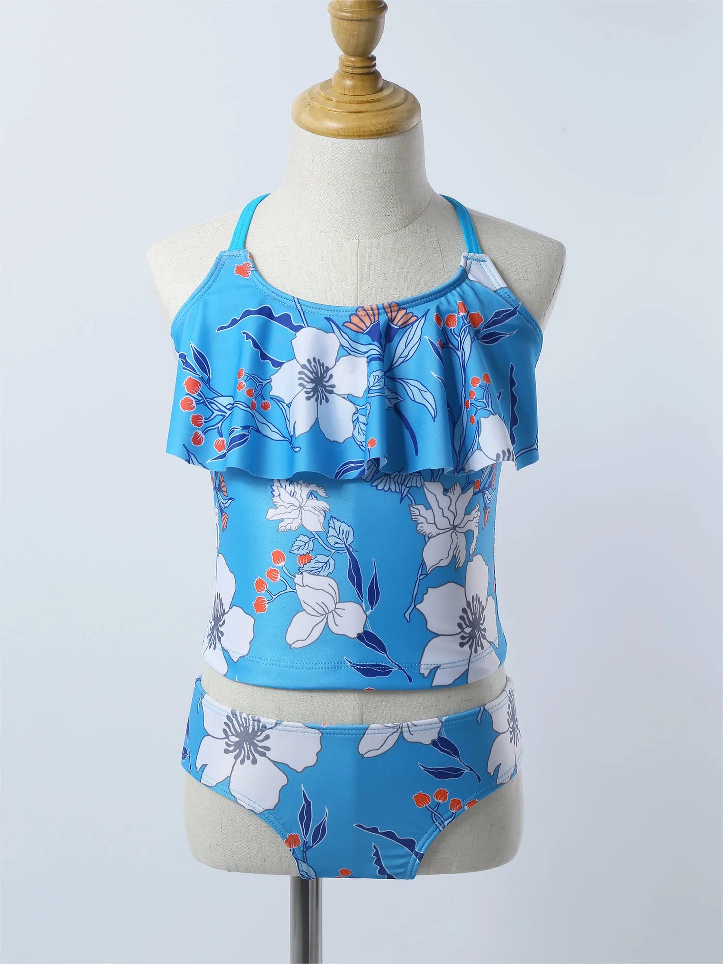 Kids Girls Swimwear Ruffle Neck Floral Pattern Tankini Swimsuit Swimwear Bathing Suit Set Tops with Bottoms Beach Bathing Suit
