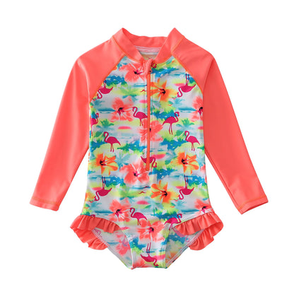 Wishere One Piece Baby Girls Swimsuit UPF50+ Swimwear Sunsuit With Lace Long Sleeve Rash Guard Flower Print Summer Bathing Suit