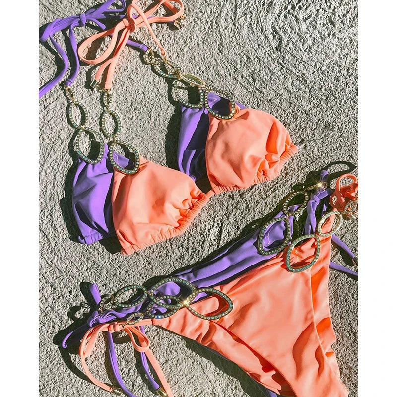 Halter Diamond Bikini Women Swimsuit Female Metal Chains Swimwear Two Pieces Bikini set Brazilian Bather Bathing Suit Swim