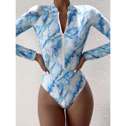 Marble Design Blue Black White Print Color One-Piece Swimsuit Long Sleeve Swimwear Sports Women's Swimming Bathing Suit Beach Bather Surfing Swim Wear