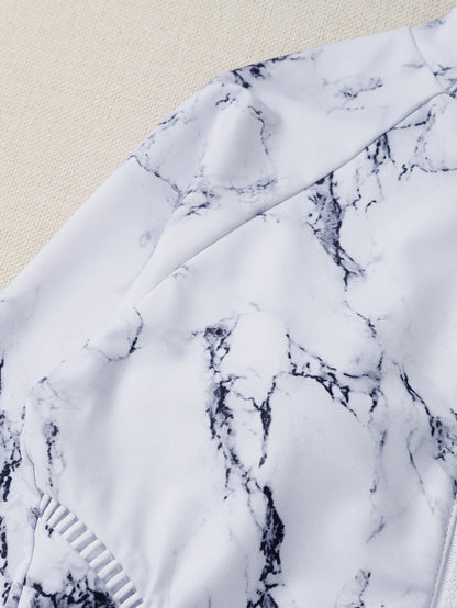 Marble Design Blue Black White Print Color One-Piece Swimsuit Long Sleeve Swimwear Sports Women's Swimming Bathing Suit Beach Bather Surfing Swim Wear