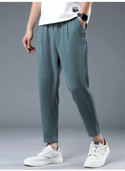 Ice Silk Linen Man Sport Pants Casual Wide Summer Sweatpants Male Drawstring Spring Autumn Lightweight Halking Harem Trousers