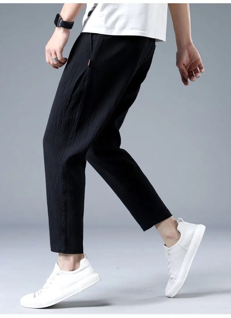 Ice Silk Linen Man Sport Pants Casual Wide Summer Sweatpants Male Drawstring Spring Autumn Lightweight Halking Harem Trousers