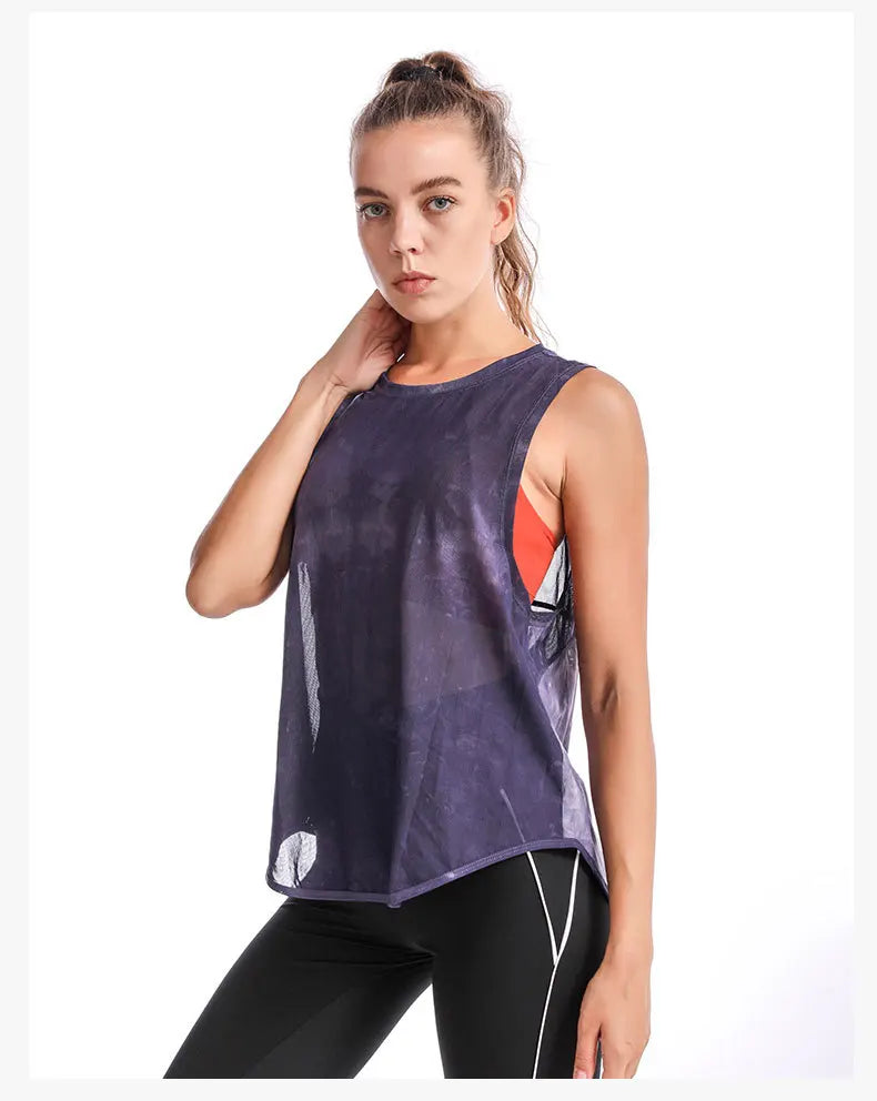 Women Sport Vest Loose Thin Mesh Yoga Shirt Running Fitness Sleeveless T-shirt Quick Dry Forked Tank Tops Gym Workout Tee Blouse
