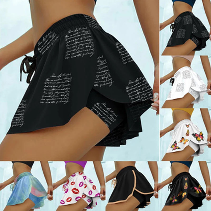 Women 2 In 1 Printed pattern Skort Running Shorts Quick Dry Fake Skirt Sexy Gym Workout Short Pants Yoga Shorts Yoga Pant