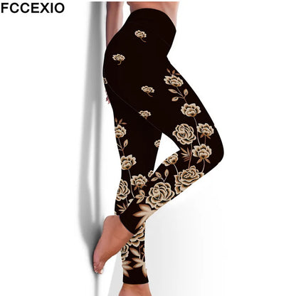 FCCEXIO High Waist Fitness Elastic Leggings Ink Painting Flowers 3D Print Leggins Casual Workout Sport Pants