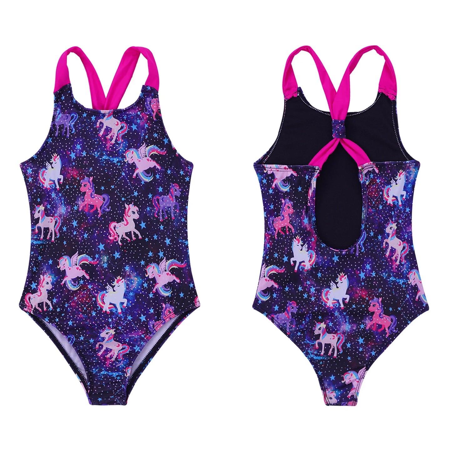 Girls Printed Swimsuit One-Piece Sleeveless Wide Shoulder Straps Sapphire for with Horse And Stars Pattern Printing