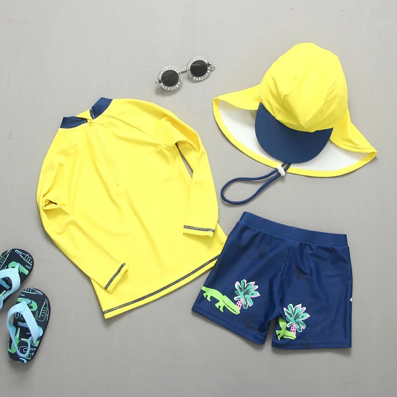 Boys' Dinosaur-Print Long-Sleeve Rash Guard Set with Shorts & Hat