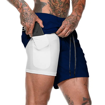 European Men's Sports Summer Double Layer Mobile Phone Pants Gym Exercise Jogging Training Shorts