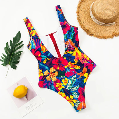 Multi Designs Color Printed Zipper Swimsuit One Piece Swimwear Women Floral Bathers Bathing Swimming Swim Suit Female Beachwear