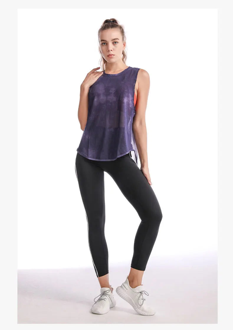 Women Sport Vest Loose Thin Mesh Yoga Shirt Running Fitness Sleeveless T-shirt Quick Dry Forked Tank Tops Gym Workout Tee Blouse