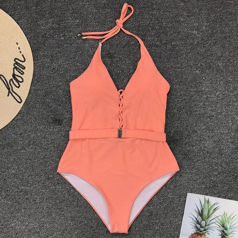 Lace Up Halter Female Swimwear One Piece Swimsuit Women Backless Monokini with Waist Belt Bathing Suit Swim Bodysuit
