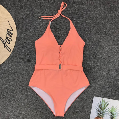Lace Up Halter Female Swimwear One Piece Swimsuit Women Backless Monokini with Waist Belt Bathing Suit Swim Bodysuit