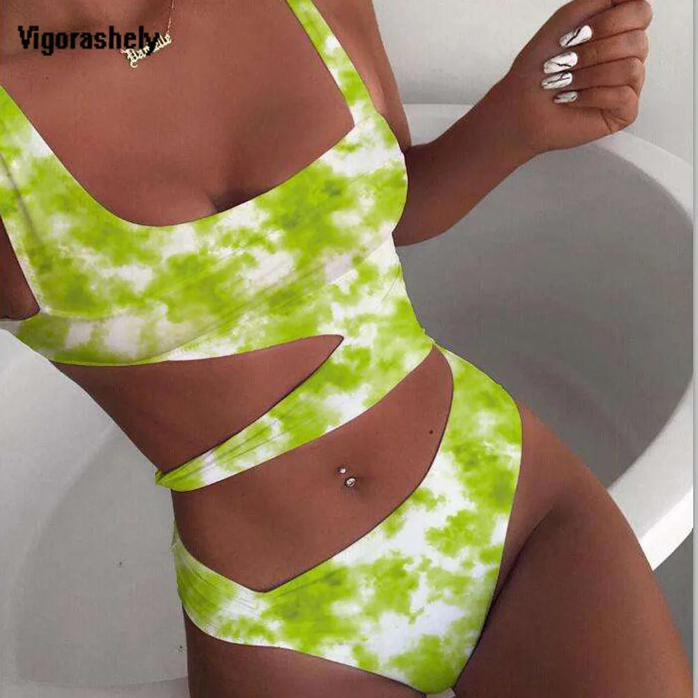 Color Print Swimwear Women Bandage Monokini One Piece Swimsuit Female Push Up Bathing Suit Swim Wear