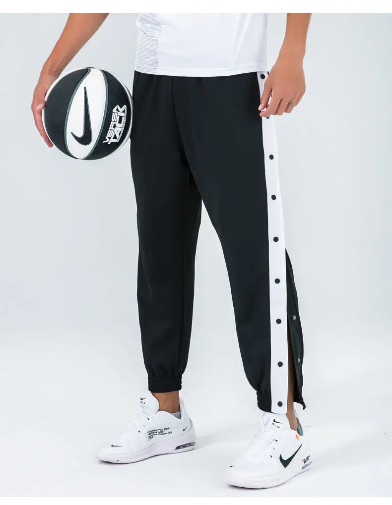 Harajuku Fashion Sports Men Pants Daily Outdoor Basketball Sweatpants Hollow Out Side Stripe Button Fly Design Creative Trousers