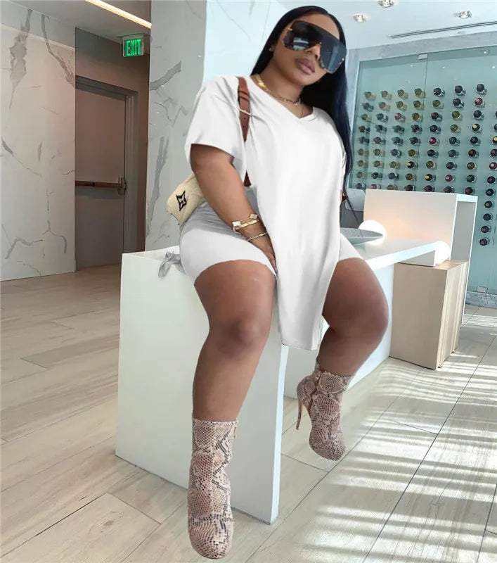 Plus Size Women Clothing Two Piece Set 4xl Summer Slip HemTop Shorts Suit Casual Tracksuit Streetwear