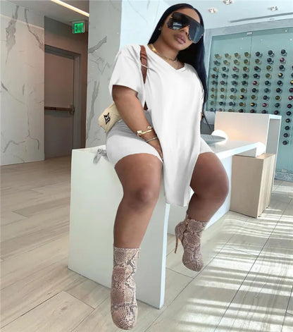 Plus Size Women Clothing Two Piece Set 4xl Summer Slip HemTop Shorts Suit Casual Tracksuit Streetwear