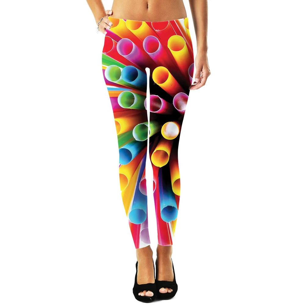 Women Leggings Fashion 3D Digital Printing Candy Lips/Straws Leggings Elastic Female Skinny Leggings