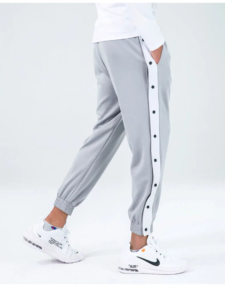 Harajuku Fashion Sports Men Pants Daily Outdoor Basketball Sweatpants Hollow Out Side Stripe Button Fly Design Creative Trousers