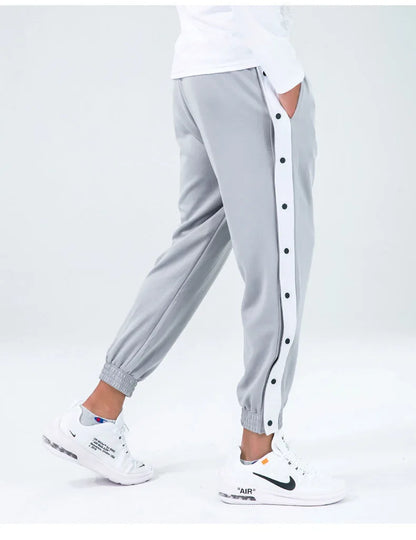 Harajuku Fashion Sports Men Pants Daily Outdoor Basketball Sweatpants Hollow Out Side Stripe Button Fly Design Creative Trousers