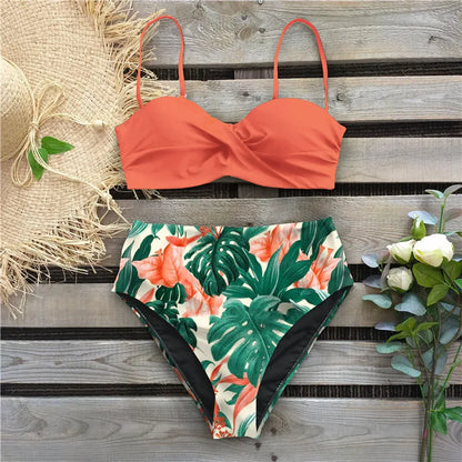 High Waist Bikini Set Women Bikini Flower Swimwear Vintage Halter neck Swimsuit Female Biquini Bain Deep Blue Bathing Suit