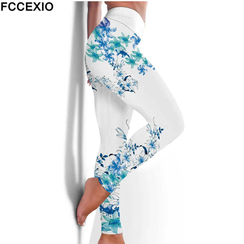 FCCEXIO High Waist Fitness Elastic Leggings Ink Painting Flowers 3D Print Leggins Casual Workout Sport Pants