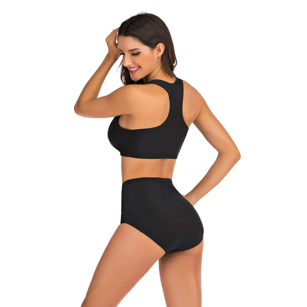 Womens Zip Front High Cut High Waist Bikini Set Racerback Sport Two Piece Swimsuits Bathing Suit Tummy Control Swimwear