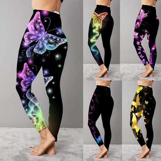 S-3XL High Waist Elasticity Women Butterfly Printed Leggings Push Up Strength Pants