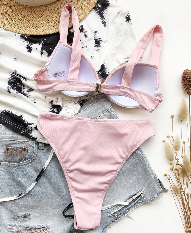 Ribbed Bra Cup High Waist Bikini Women Swimsuit Female Swimwear Two Pieces Bikini set Push Up Bather Bathing Suit Swim Lady