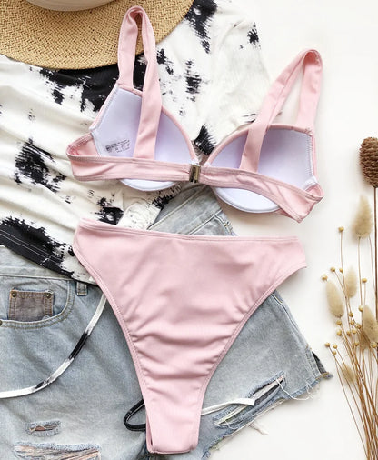 Ribbed Bra Cup High Waist Bikini Women Swimsuit Female Swimwear Two Pieces Bikini set Push Up Bather Bathing Suit Swim Lady