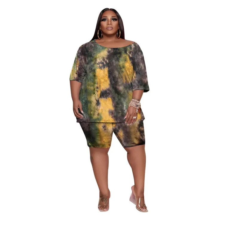 Plus Size Two Piece Set Women Wholesale Shorts Sets Tie Dye Casual Tshirt Crop Top and Short Pants Summer Tracksuit