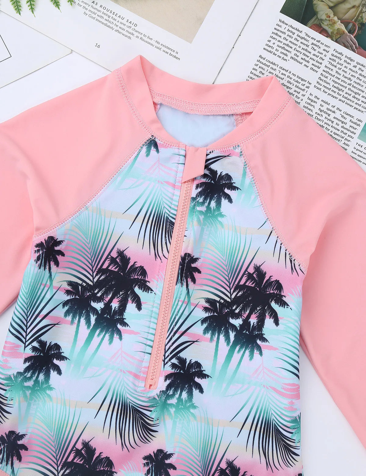 Kids Girls One-piece Swimsuit Long Sleeves Palm Printed Swimwear  Bathing Suit Sun Protection Rash Guard Surfing Diving Swim Top