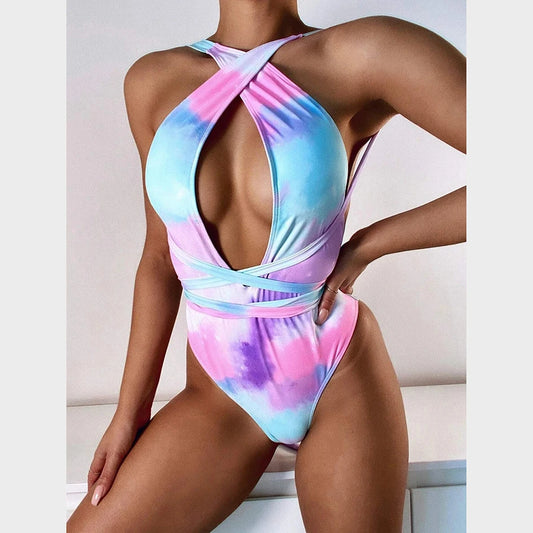 Swimwear Women One Piece Swimsuit Tie Dye Bathing Suit Woman Bodysuit Bandage Cross Swimming for Beach Wear Monokini