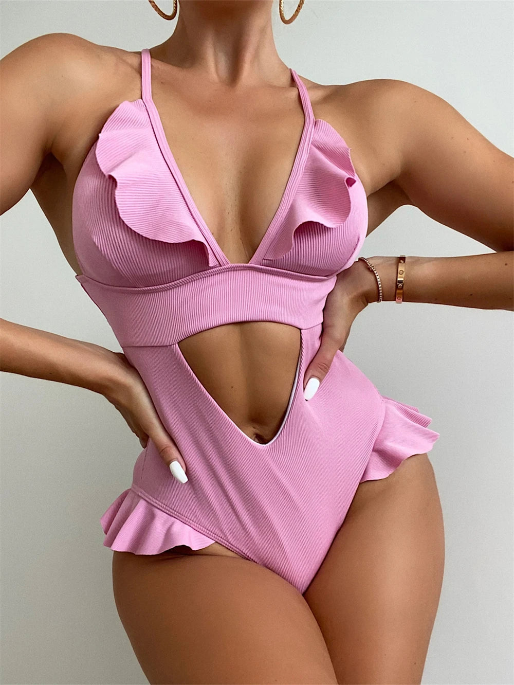 Ruffle One Piece Swimsuit Deep V Hollow Swimwear Women Backless Monokini Solid Bathing Suit Beachwear