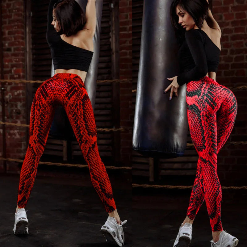 Women Red Serpentine Fitness Leggings Jogging Outdoor Running Sportswear High Waist Pants Casual  Workout Trousers Bottom