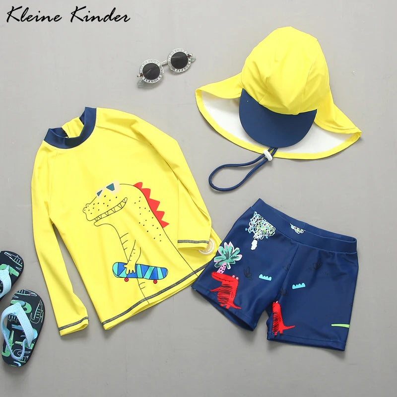Boys' Dinosaur-Print Long-Sleeve Rash Guard Set with Shorts & Hat
