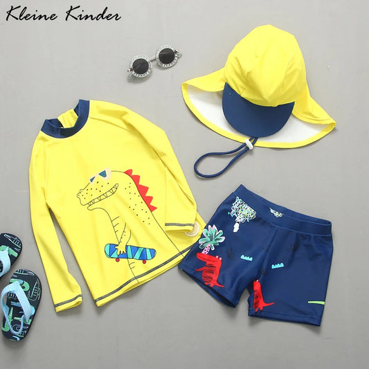 Boys' Dinosaur-Print Long-Sleeve Rash Guard Set with Shorts & Hat