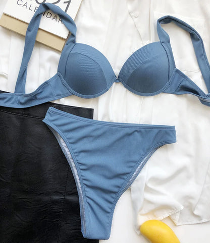 Ribbed Bra Cup High Waist Bikini Women Swimsuit Female Swimwear Two Pieces Bikini set Push Up Bather Bathing Suit Swim Lady