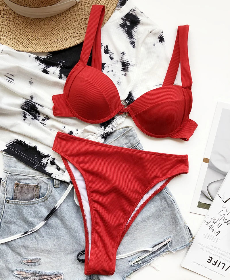 Ribbed Bra Cup High Waist Bikini Women Swimsuit Female Swimwear Two Pieces Bikini set Push Up Bather Bathing Suit Swim Lady