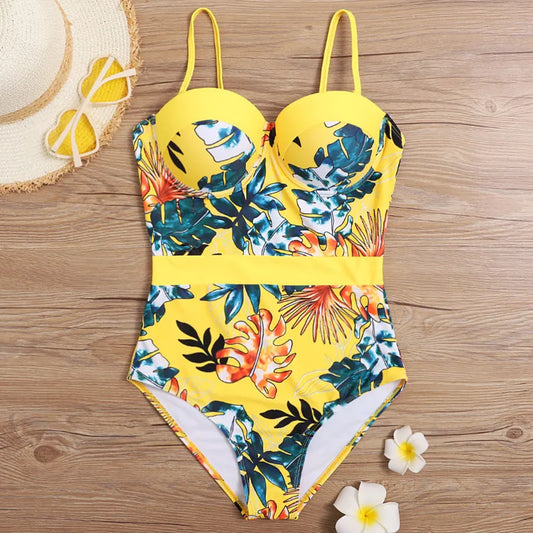Yellow Female One Piece Swimsuit Closed Push Up Large Size Swimwear Body Bathing Suit Women Bather Swim Beach