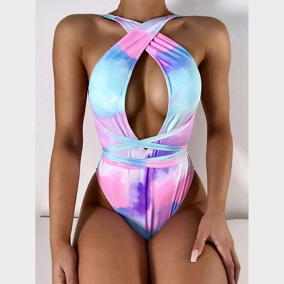 Swimwear Women One Piece Swimsuit Tie Dye Bathing Suit Woman Bodysuit Bandage Cross Swimming for Beach Wear Monokini