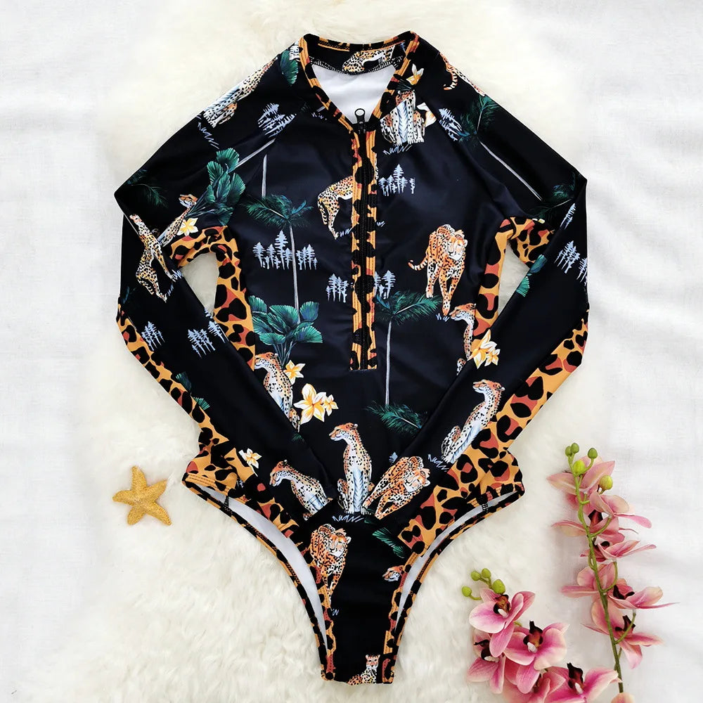 Rash Guard High Cut Printed Long Sleeve Quick Dry Waterproof UV Protection Sports Swimsuit Zip Surf Swimwear for Women Bathers