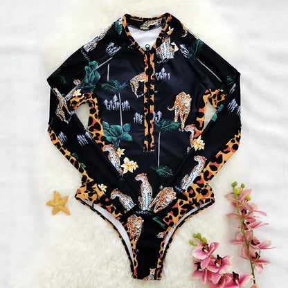 Rash Guard High Cut Printed Long Sleeve Quick Dry Waterproof UV Protection Sports Swimsuit Zip Surf Swimwear for Women Bathers