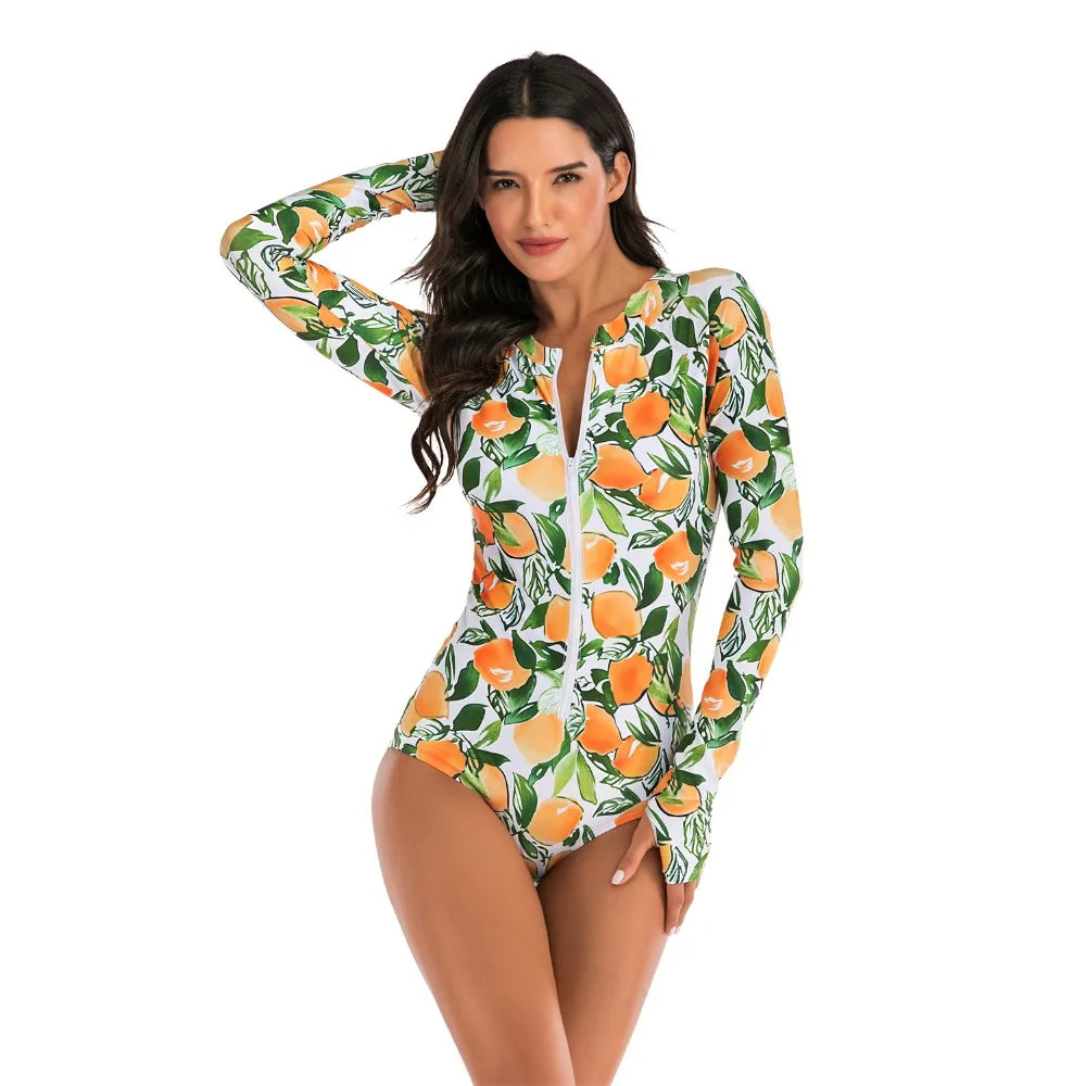 Female One-piece Wetsuit Long Sleeve Swimsuit Surfing Swimwear Women Jumpsuit Zip Front Swimsuit Diving Snorkeling Rash guard 2XL