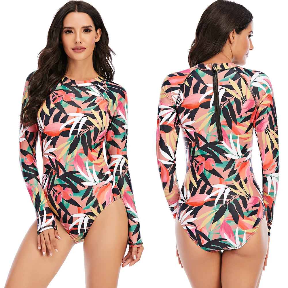 Women 2XL Diving Rashguard Long Sleeve UV Sun Protection Swimsuit Zipper Swimwear Printed Surfing Suit Rash Guards Bathing Suit