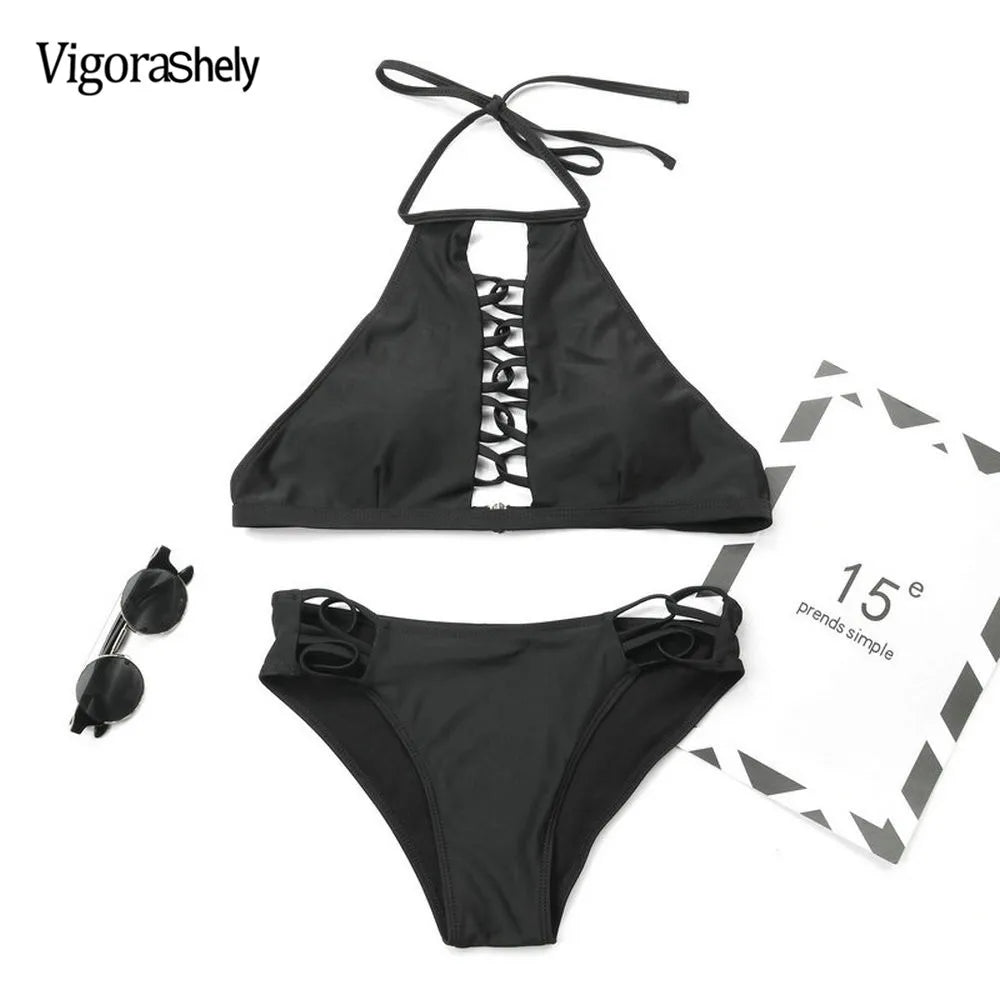 Swimwear Women Black Hollow Bikini Set Push Up Swimsuit Female Brazilian Bathing Suit XL