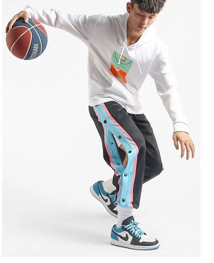 Harajuku Fashion Sports Men Pants Daily Outdoor Basketball Sweatpants Hollow Out Side Stripe Button Fly Design Creative Trousers