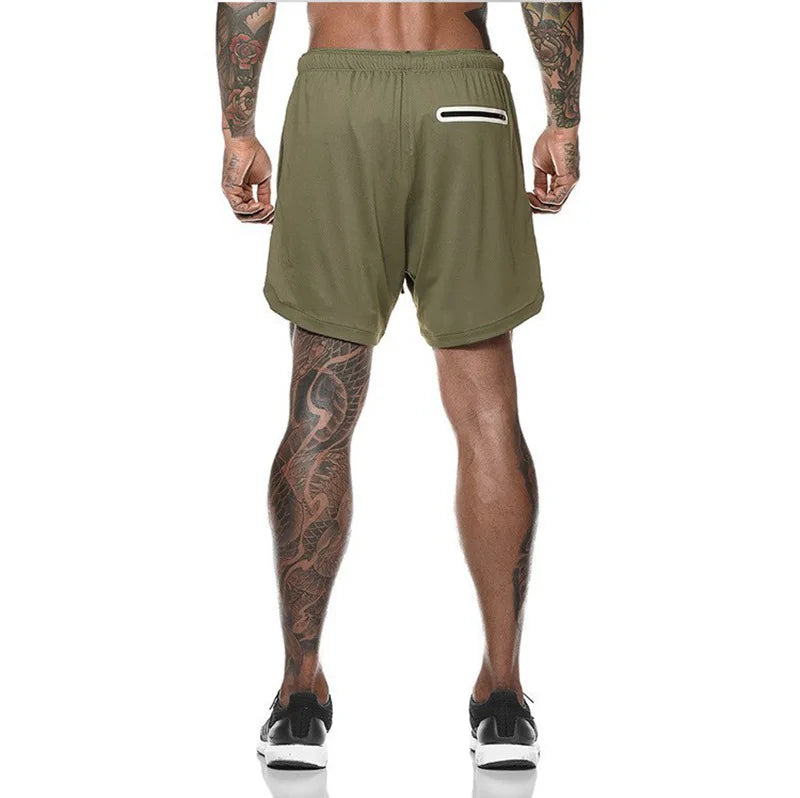 European Men's Sports Summer Double Layer Mobile Phone Pants Gym Exercise Jogging Training Shorts