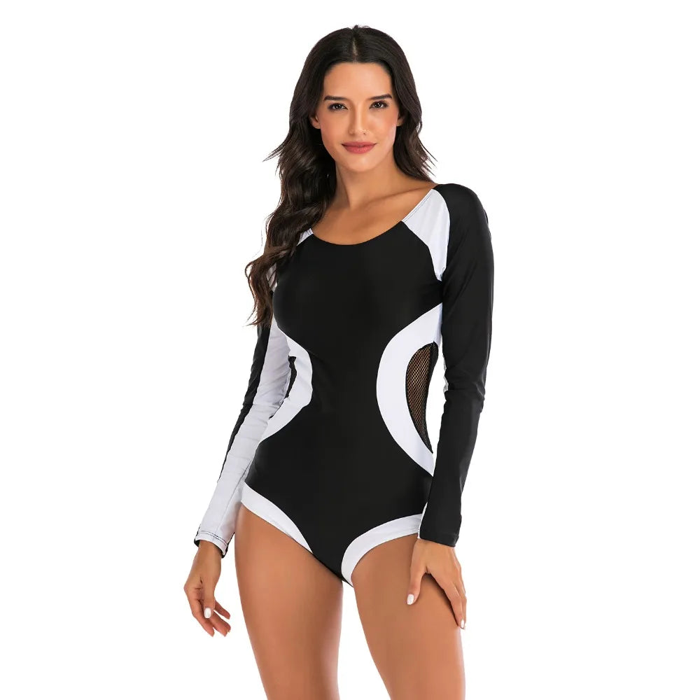 Female One-piece Wetsuit Long Sleeve Swimsuit Surfing Swimwear Women Jumpsuit Zip Front Swimsuit Diving Snorkeling Rash guard 2XL